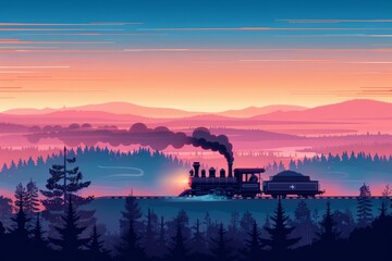 Vintage travel poster, 2d flat design, old steam train, minimalist, white border,generated with AI
