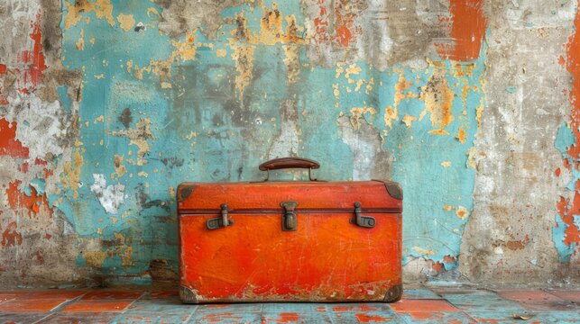 Vintage photo of an old travel suitcase against the background of an old light-colored wall, generated with AI