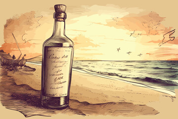 Message in bottle. Hand drawn illustration. Sea background.