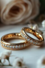 Two delicate gold wedding rings with stones with a white background, generated with AI