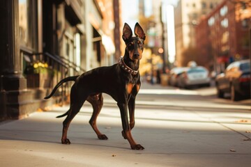 A Doberman trotting gracefully along a city sidewalk, its glossy coat shimmering in the urban sunlight, Copy Space. - obrazy, fototapety, plakaty