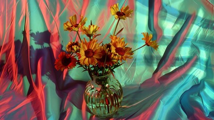  a vase filled with yellow and red flowers on top of a blue and pink cloth covered table cloth with a shadow of a vase with flowers in it.