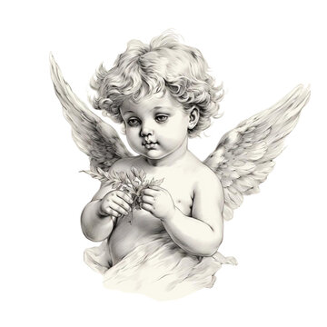 Cute Hand Drawn Cherubs Cupids clipart, Fine line art angel illustrations, Cherubs art wedding card
