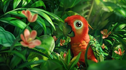 Craft an illustrative scene showcasing a charming cart or baby parrots in nature