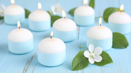  a group of white candles sitting on top of a blue table next to a white flower and a green leaf.