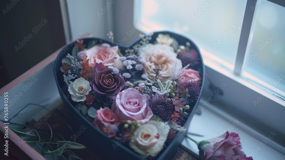 Poster a heart shaped box of flowers sitting on a window sill next to a window sill with a window sill in t