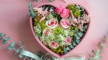  a heart shaped box filled with pink roses and succulents on top of a green leafy plant.