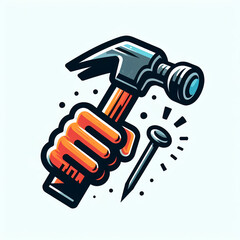 Hammer and Nail Icon on white background, Vibrant Colors, Carpentry and Construction Concept
