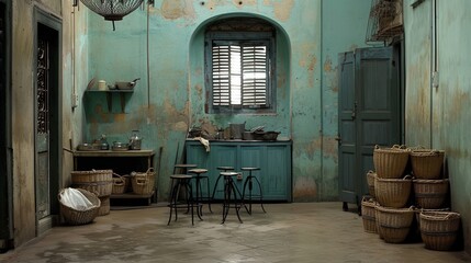  a room that has a bunch of baskets on the floor and a bunch of stools in front of it.