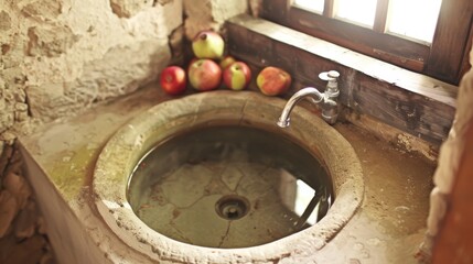  a sink in a bathroom next to a window and a window sill with apples on the window sill.