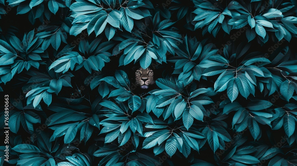 Poster a cat peeking out from between the leaves of a tree in front of a black background with a cat's head