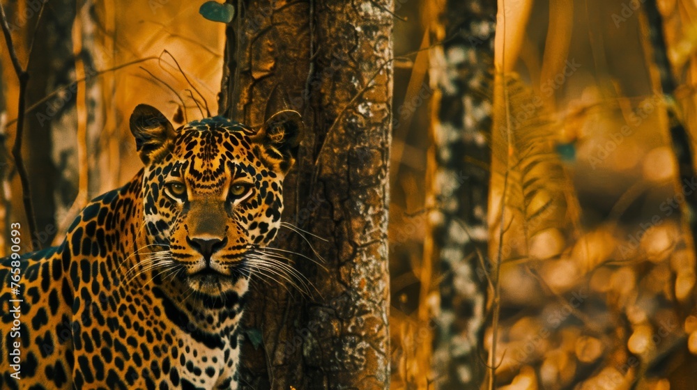 Poster a large leopard standing next to a tree in the middle of a forest with lots of leaves on it's branch