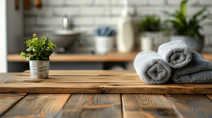 Clean Slate: Wooden Board with Towels in Home Laundry