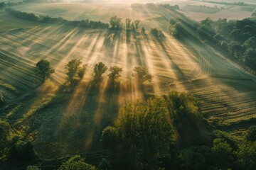 Bird's eye view of agricultural cultivated seeded fields, farmland in the rays of the rising sun - obrazy, fototapety, plakaty