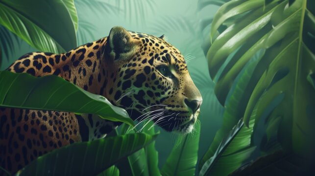  a close up of a leopard in a jungle with a lot of leaves on the side of the picture and a green plant behind it.