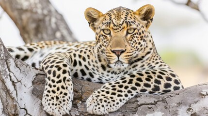  a close up of a leopard laying on a tree branch with its eyes closed and one paw resting on the branch of a tree.