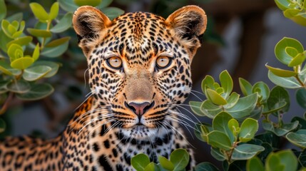 Naklejka premium a close up of a cheetah in a tree looking at the camera with a serious look on its face.