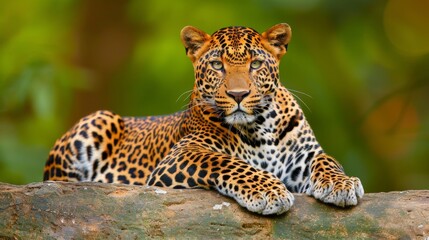  a close up of a leopard laying on top of a tree branch in front of a green leafy background.