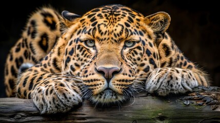 Fototapeta premium a close up of a leopard laying on a tree branch with it's paws on it's face.