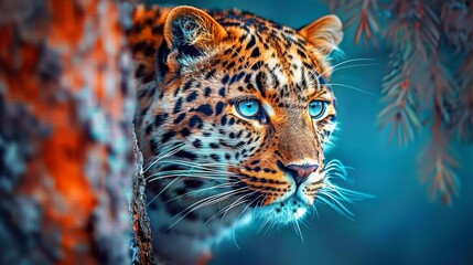  a close - up of a leopard's face with blue eyes and a tree branch in the foreground.