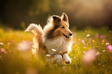 A graceful Shetland Sheepdog trotting through a flower-filled meadow, its long, flowing mane catching the sunlight as it moves,