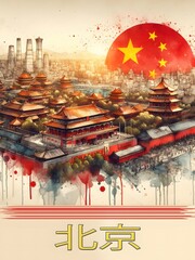 Artistic colorful sketch of sights of Beijing (China)