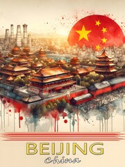 Artistic colorful sketch of sights of Beijing (China)