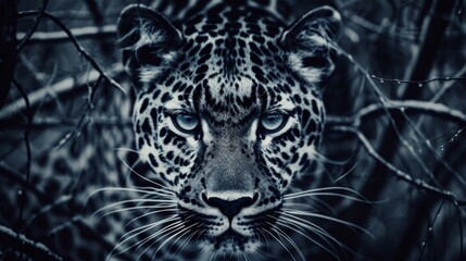  a black and white photo of a leopard's face with blue eyes and a black - and - white background.