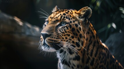  a close - up of a leopard's face, with a blurry background of trees and rocks in the foreground. - obrazy, fototapety, plakaty