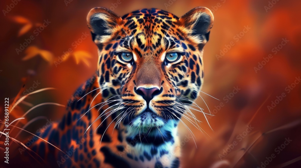 Poster a close - up of a leopard's face in front of a background of red and orange leaves and grass.