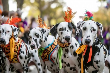 Dalmatian dogs strut down street in a parade event - obrazy, fototapety, plakaty