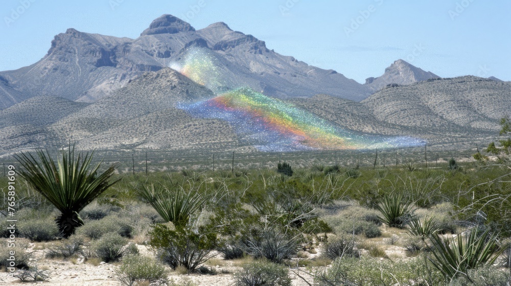 Poster a rainbow colored cloud in the middle of a desert with mountains in the background and a cactus in t