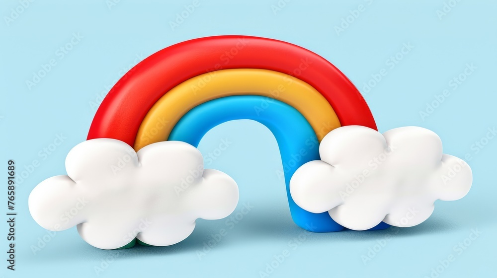Poster an image of a rainbow with clouds in the shape of the letter o on a blue background with a white clo