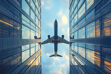 Flying over glass reflection skyscraper is a jumbo jet cargo passenger plane AI Generative - obrazy, fototapety, plakaty