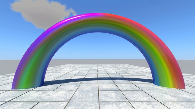  a computer generated image of a rainbow in the middle of a white tiled floor with a blue sky in the background.