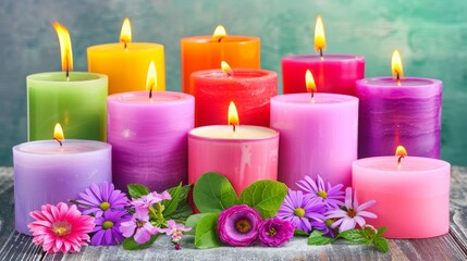 Obraz na płótnie Canvas a group of different colored candles sitting on top of a wooden table next to a bunch of purple and pink flowers.