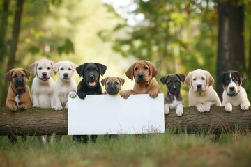 A heartwarming scene unfolds as dogs of various breeds proudly hold a white sheet of paper in their paws, each one showcasing their unique charm and personality. - obrazy, fototapety, plakaty