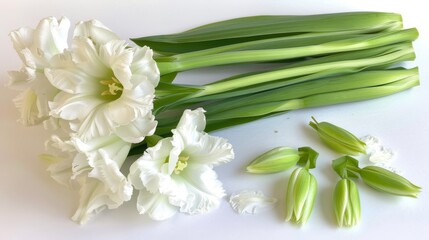  a group of white flowers sitting on top of a table next to a bunch of green leaves and a pair of scissors.