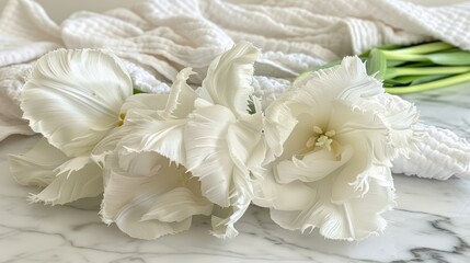  a bunch of white flowers sitting on top of a marble counter top next to a white towel and a green plant.