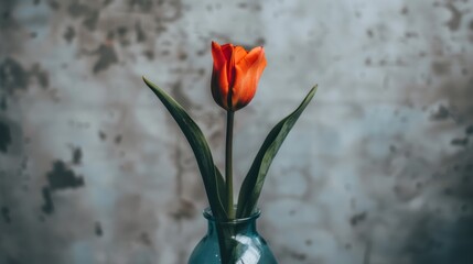  two orange tulips in a blue vase against a grungy gray background with a faded wall behind them.