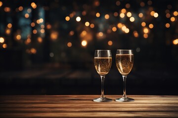 Celebratory champagne glasses on wooden table with bokeh lights and blurred background. Copy space - obrazy, fototapety, plakaty