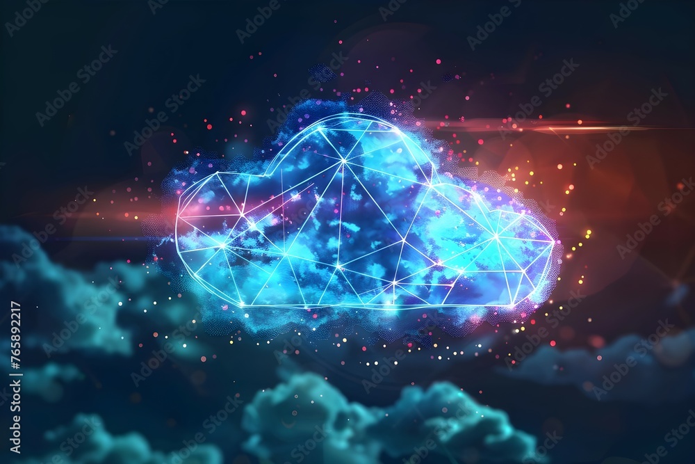 Poster cloud computing technology: abstract world with large cloud icon on dark blue polygon background. co