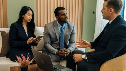 Ornamented office overlooking city skyline, diversity corporate professional discuss ambitious business expansion or strategic marketing. Financial advisor give consulting business insights and idea