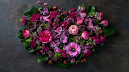  a heart - shaped arrangement of pink and purple flowers on a dark background with leaves and flowers in the center.