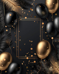 abstract black and gold background with golden feathers, balloons and confetti. There is an empty rectangle frame in the center of the picture. The overall theme should be luxurious, sophisticated and