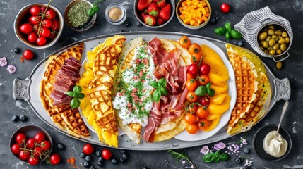  a platter of waffles, fruit, and other foods are laid out on a table with a variety of condiments.