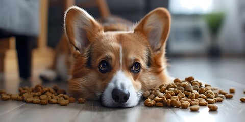 A lonely corgi lies on the floor at home surrounded by dry food looking sick and sad. Concept Pet Care, Loneliness, Sadness, Animal Health, Emotional Support - obrazy, fototapety, plakaty