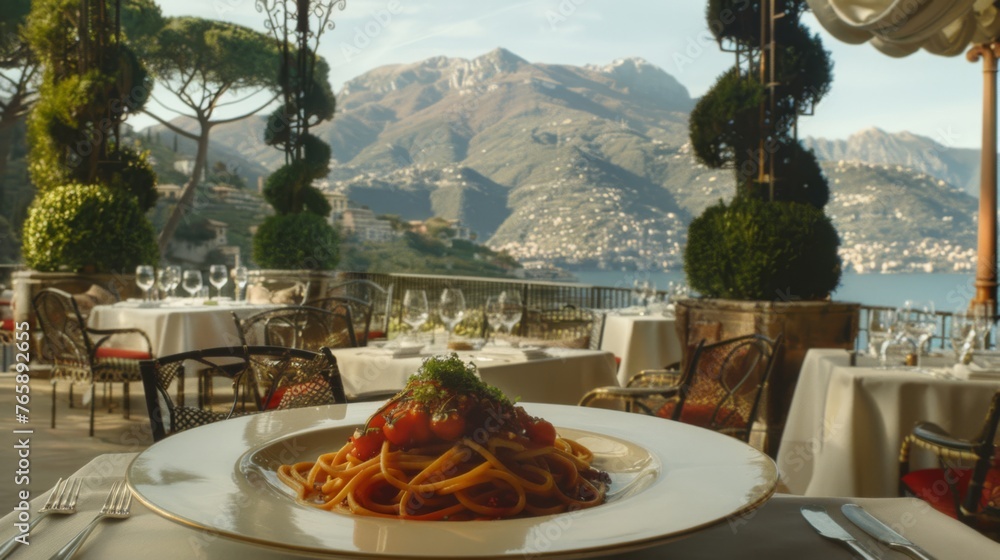 Poster a plate of spaghetti sits on a table with a view of a lake and mountains in the backgroud.