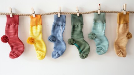 Photograph, a rope hang in there, 7 different color baby socks hang on the rope with clip, background is white, generated with AI