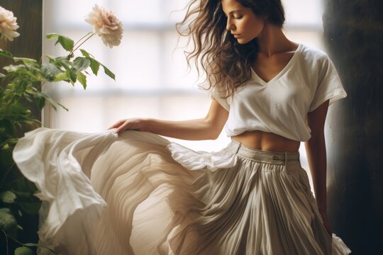 
A naturalistic image capturing the beauty of a person wearing a flowy skirt made from organic cotton, embodying sustainable and ethical fashion practices.